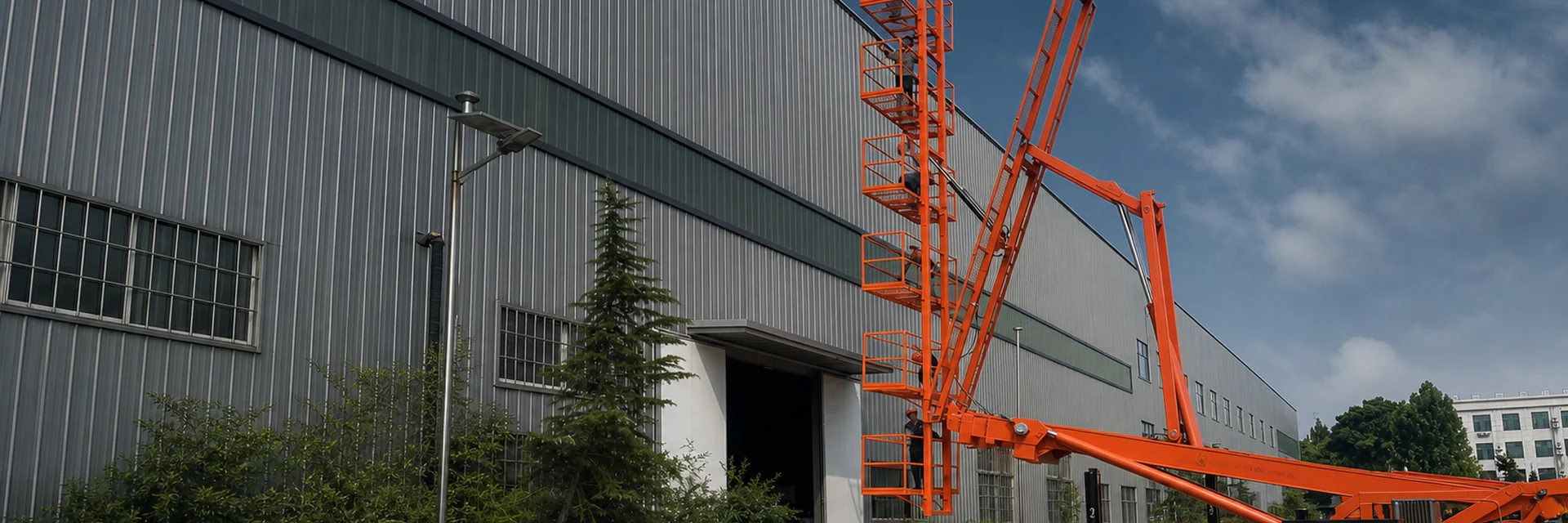 Editorial large-span building scene used for dual-power crawler platform planning.