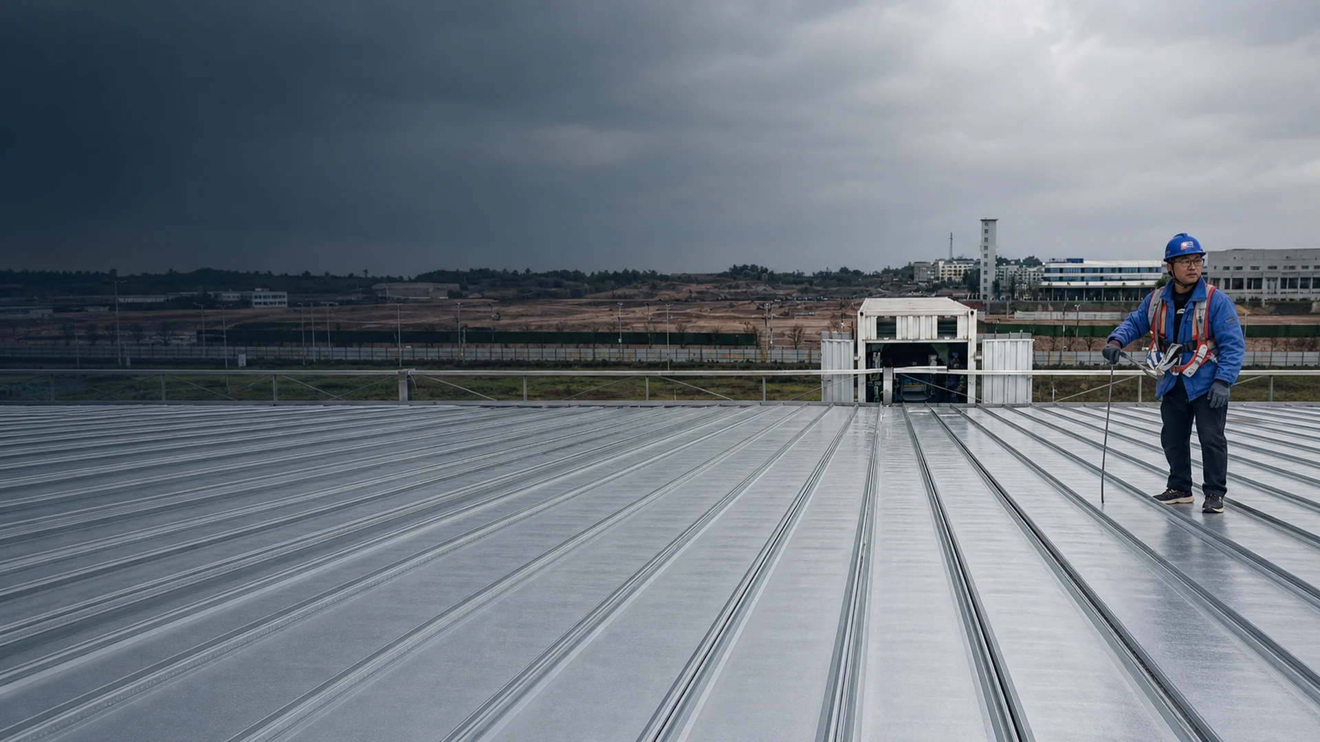 Editorial roof-level panel-forming workflow in an industrial building
