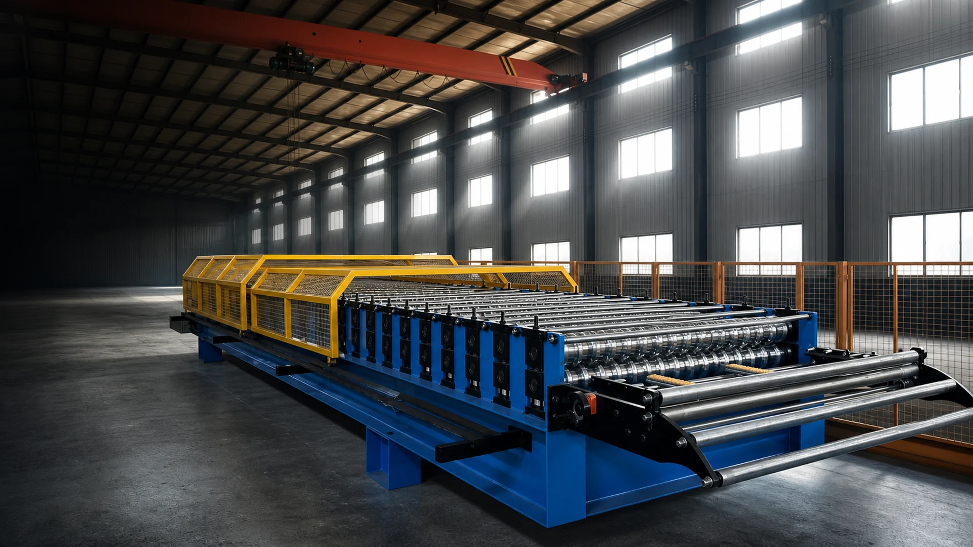Roll-forming line represented in an indoor production-workflow setting.