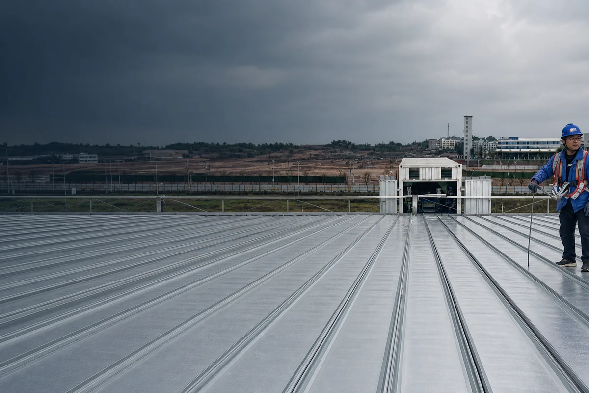 Long standing-seam roof panels fed from a roll forming line at roof level