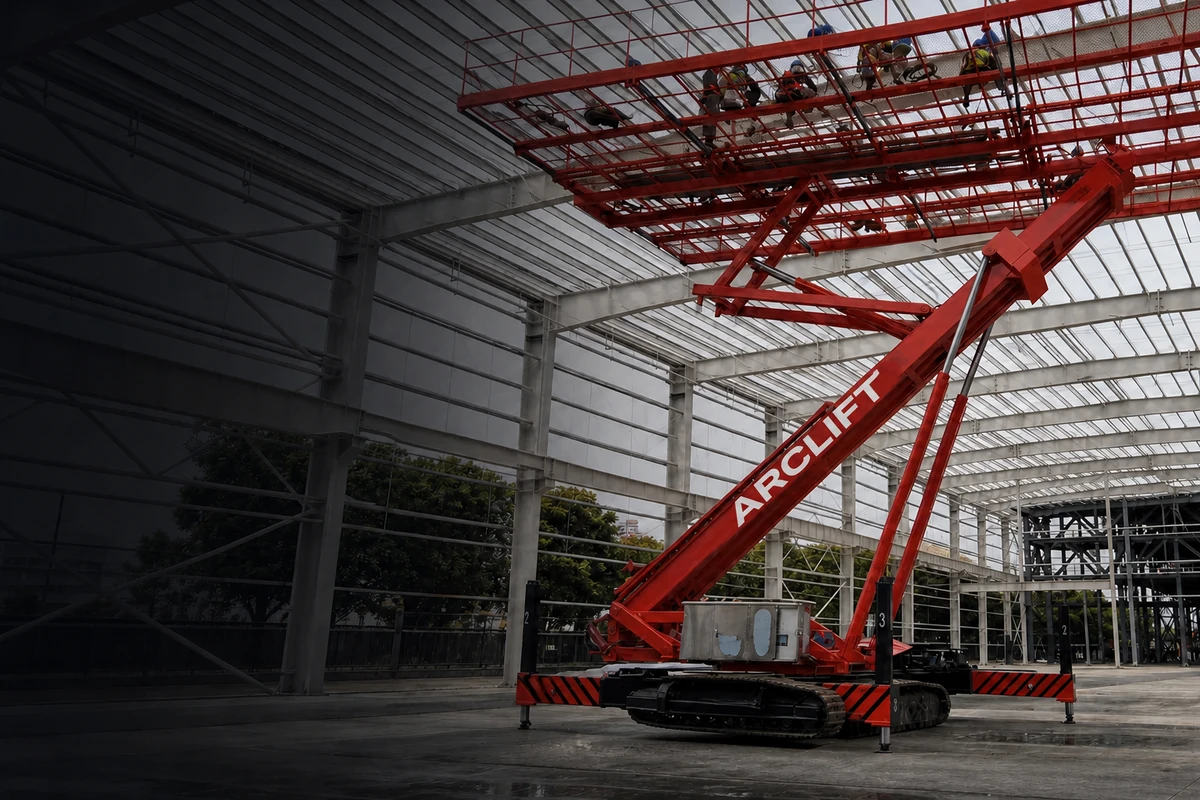 ARCLIFT-branded large crawler under-ceiling platform working inside a steel structure